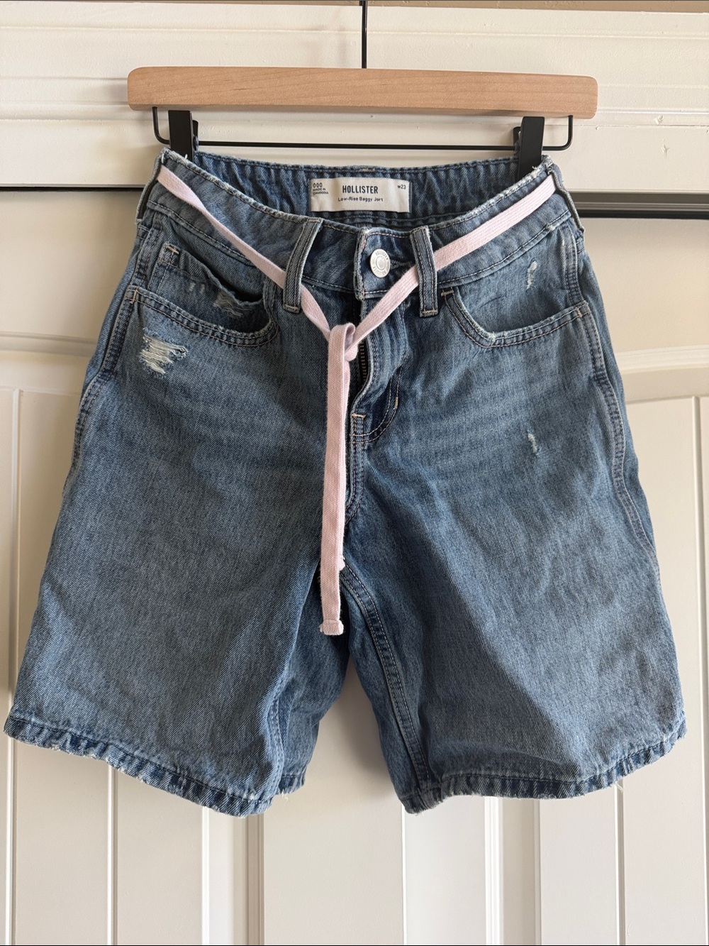 Hollister Light Blue Denim Bermuda Shorts with Pale Pink Tie